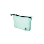Light green travel storage bag with a black zipper on a white background
