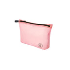 Pink travel storage bag with a brand logo on a white background