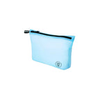 Light blue travel storage bag with a black zipper on a white background