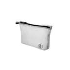 Grey travel storage bag with a black zipper on a white background