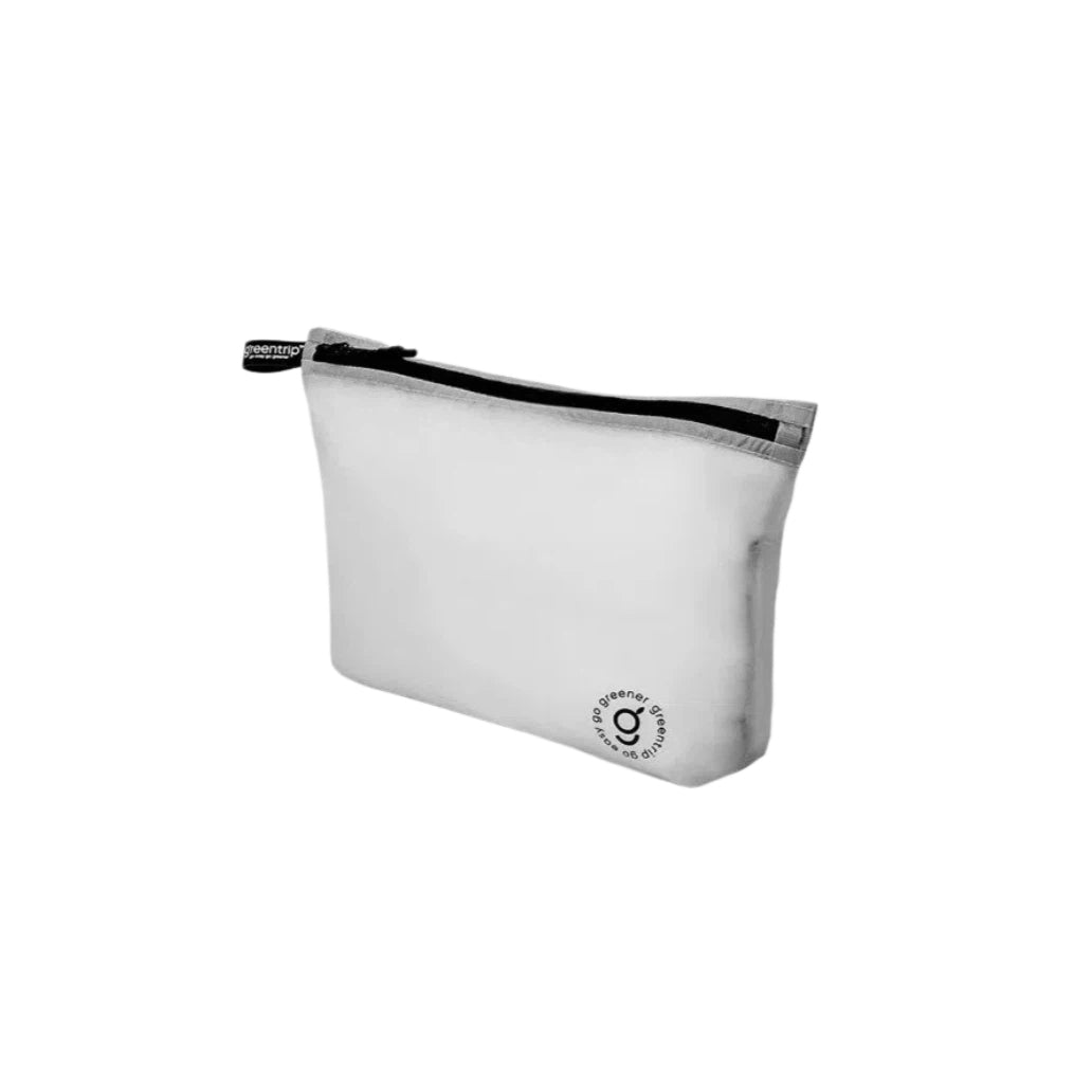 Grey travel storage bag with a black zipper on a white background