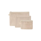 Three beige mesh pouches with zippers on a white background