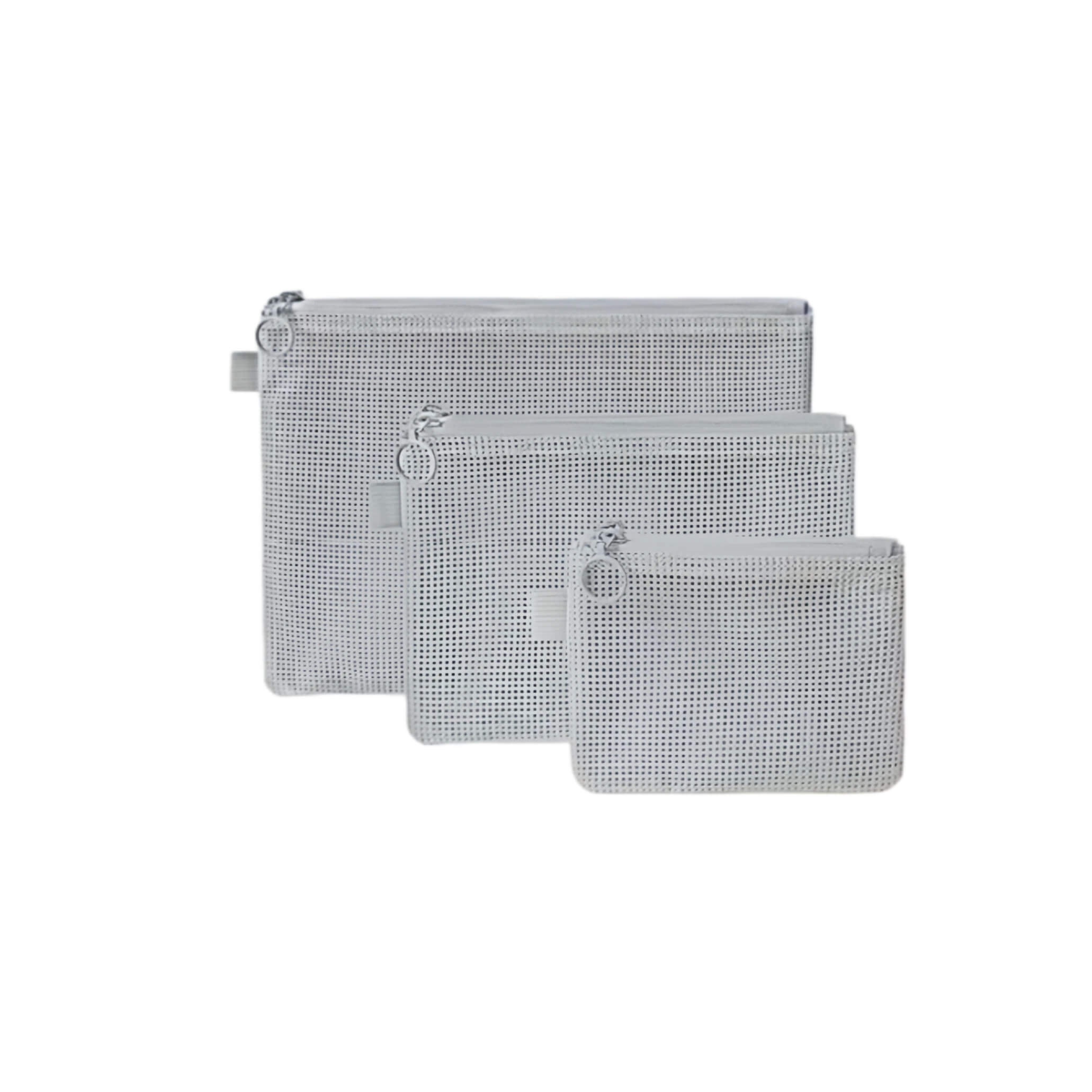 Three light blue mesh bags with zippers on a white background