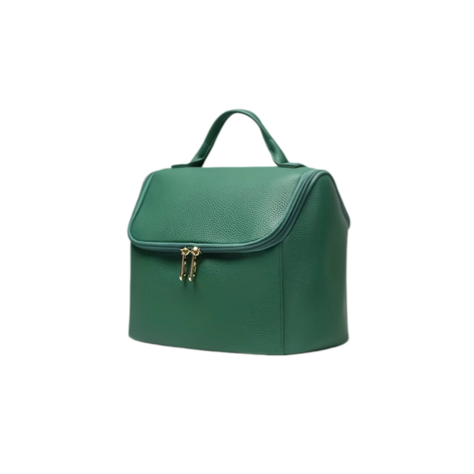Green makeup bag with a gold zipper on a white background