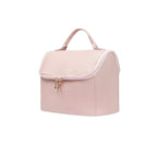 Pink cosmetic bag with gold zipper on a white background