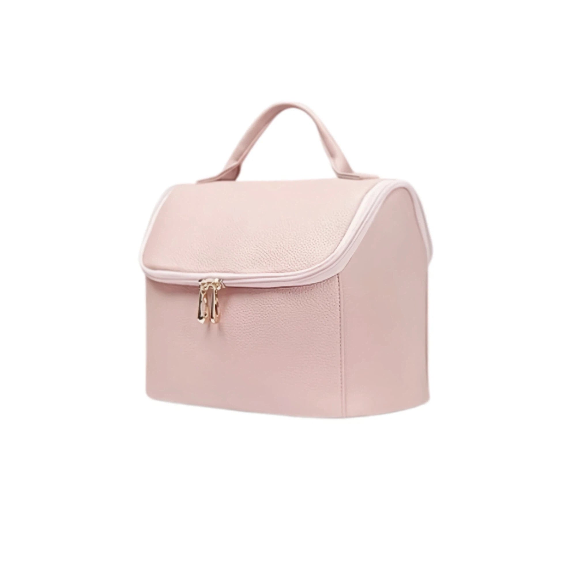 Pink cosmetic bag with gold zipper on a white background
