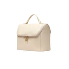 Beige makeup bag with a gold zipper on a white background