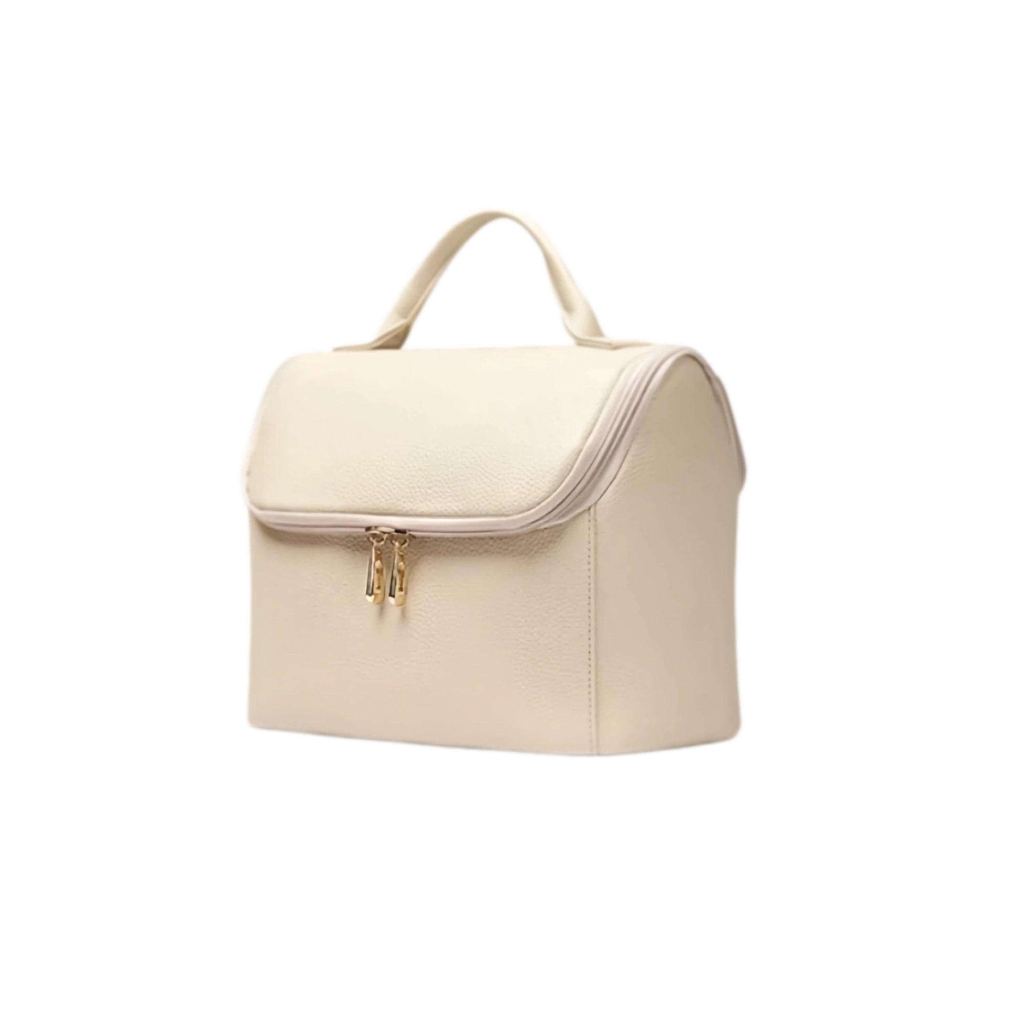 Beige makeup bag with a gold zipper on a white background