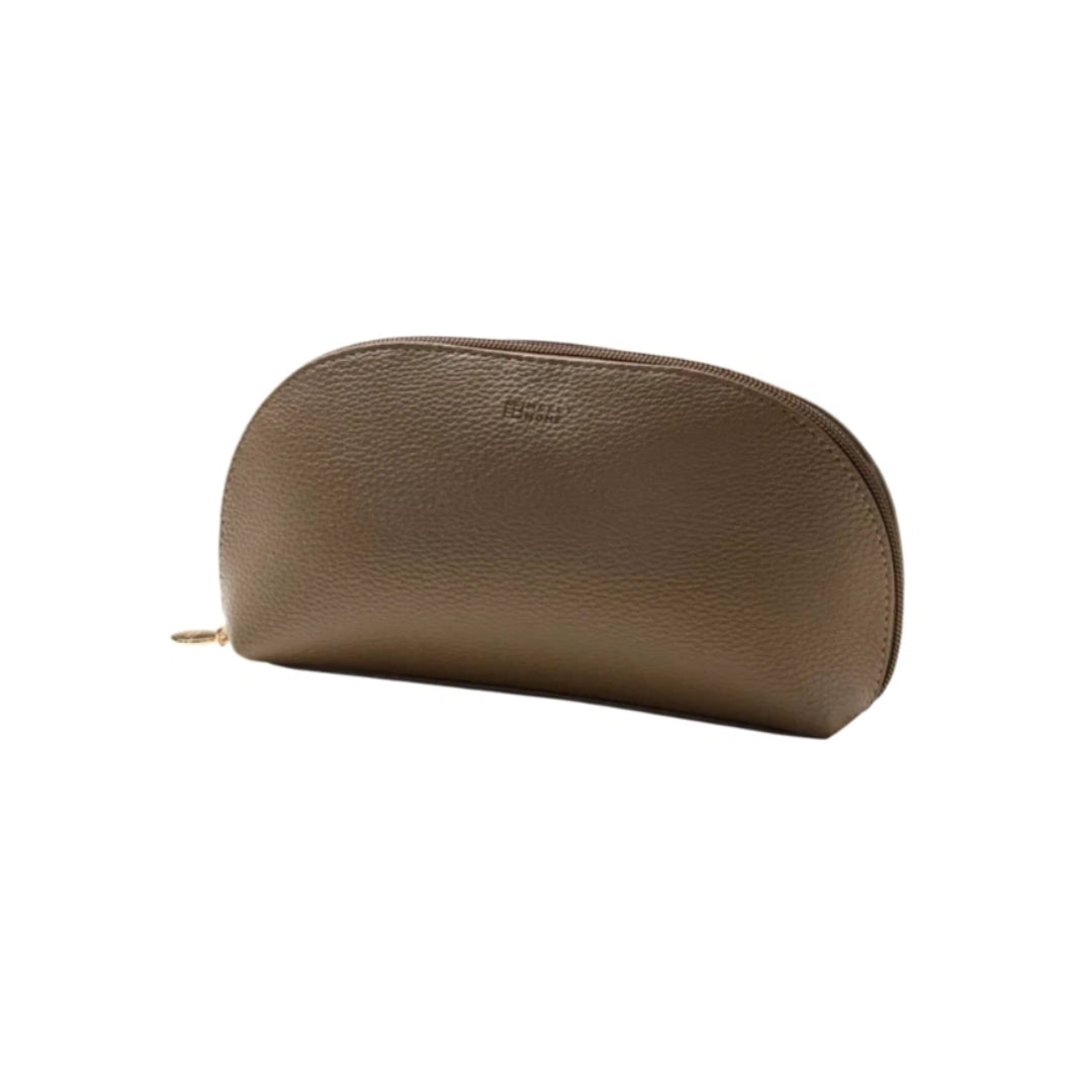 Brown cosmetic pouch on a white background
