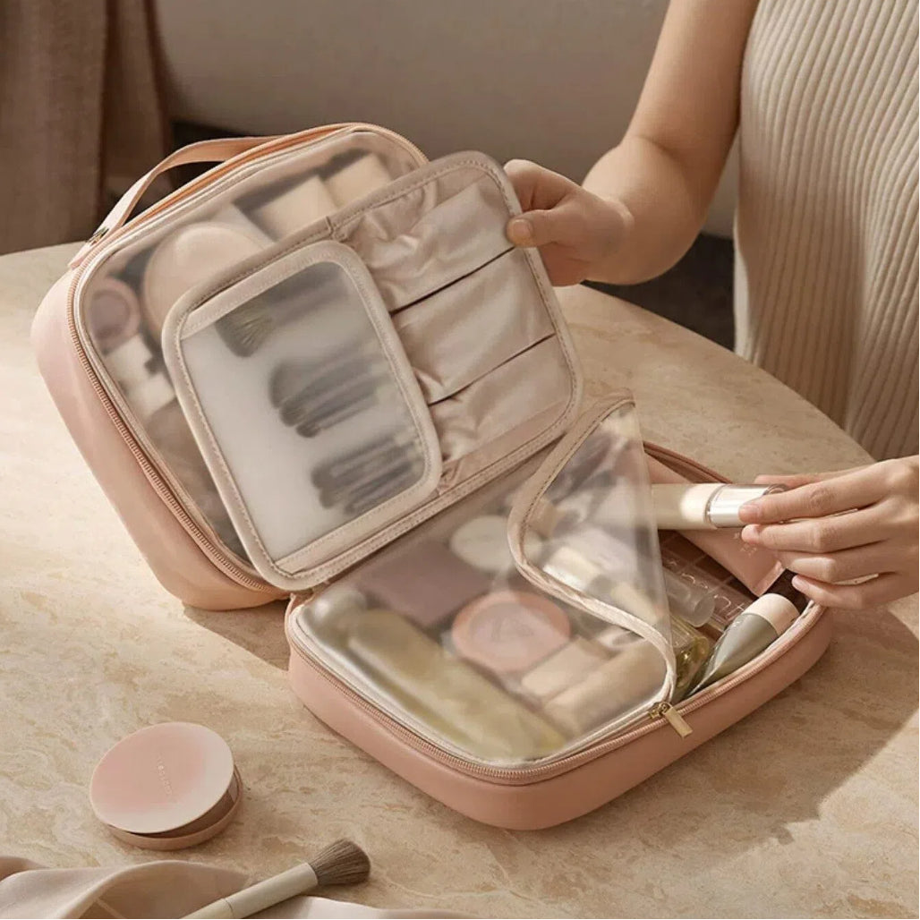 beige travel makeup bag The In Flight Cosmetic Set In The dedicated makeup brush section uses clear waterproof TPU material The Cosmetic Case in Beige