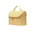 Yellow cosmetic bag with a gold zipper on a white background