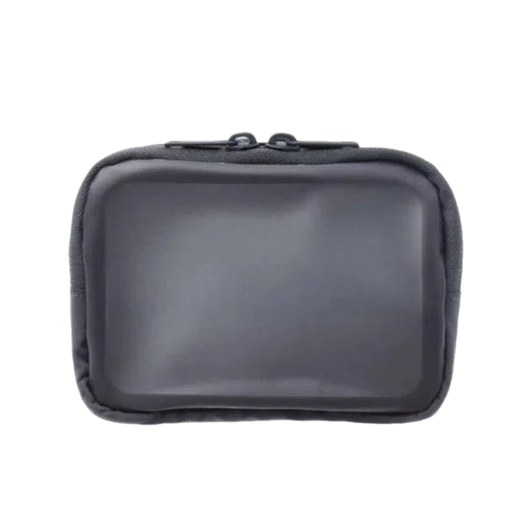 A dark gray rectangular zippered pouch with a smooth front panel and black zipper pulls, shown against a plain white background.