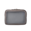 A rectangular zippered pouch in a muted beige color, featuring a large clear plastic window on the front and a silver metal zipper pull, shown against a plain white background.