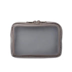 A rectangular zippered pouch in a muted beige color, featuring a large clear plastic window on the front and a silver metal zipper pull, shown against a plain white background.