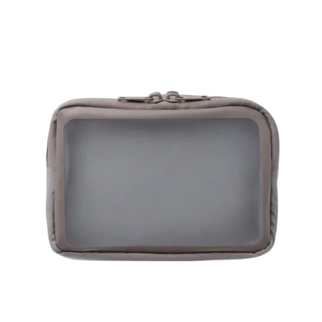 A rectangular zippered pouch in a muted beige color, featuring a large clear plastic window on the front and a silver metal zipper pull, shown against a plain white background.