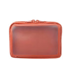 A rectangular zippered pouch in a warm terracotta or burnt orange color, featuring a large semi-transparent clear window on the front, set against a plain white background.