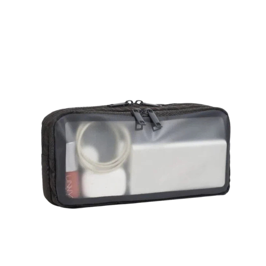 A dark grey zippered travel pouch with a clear front window, shown containing a white cable and a white rectangular device. The pouch is photographed on a solid white background.