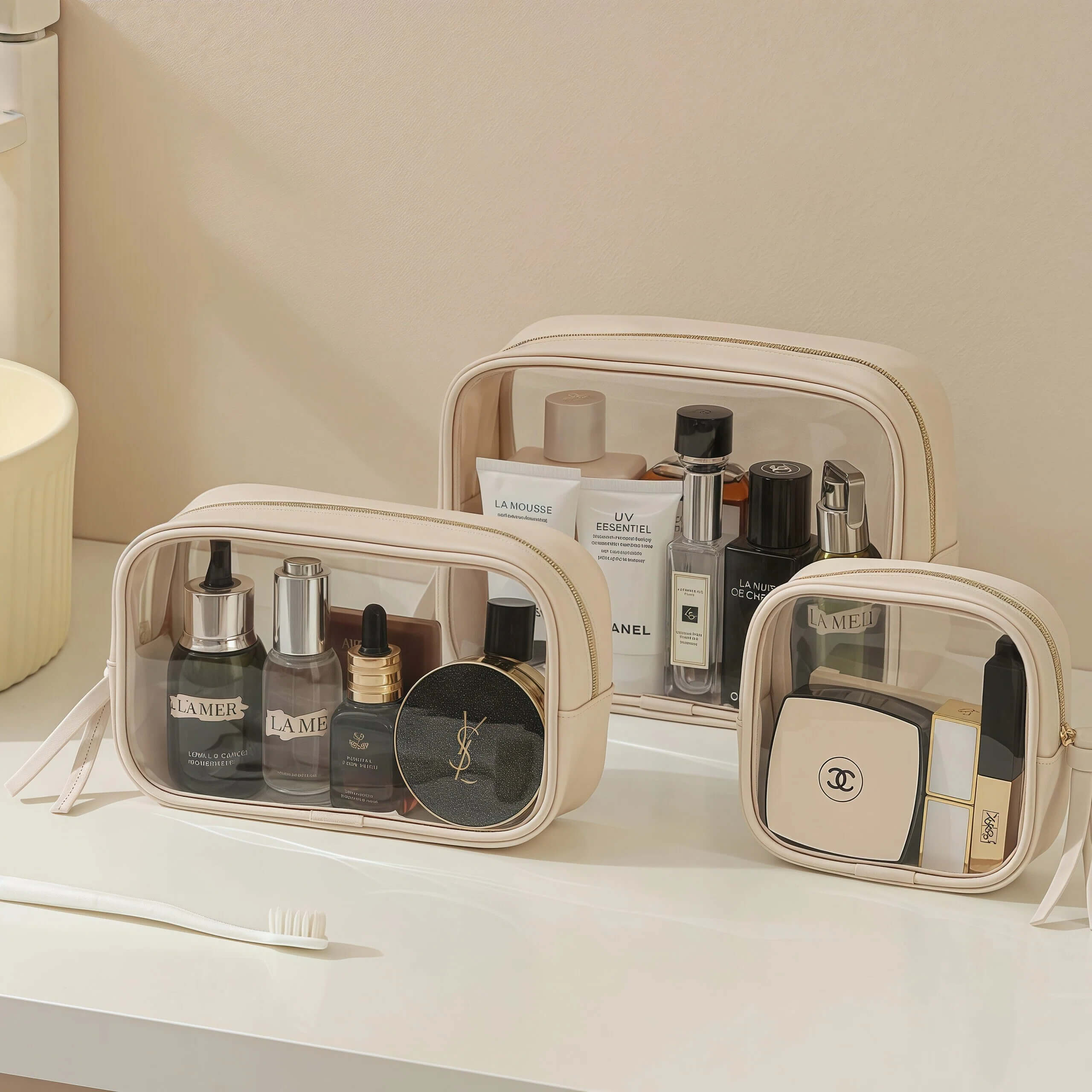 Cosmetic bags with various products on a light surface
