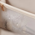 Close-up of a transparent pouch with a gold zipper on a beige background