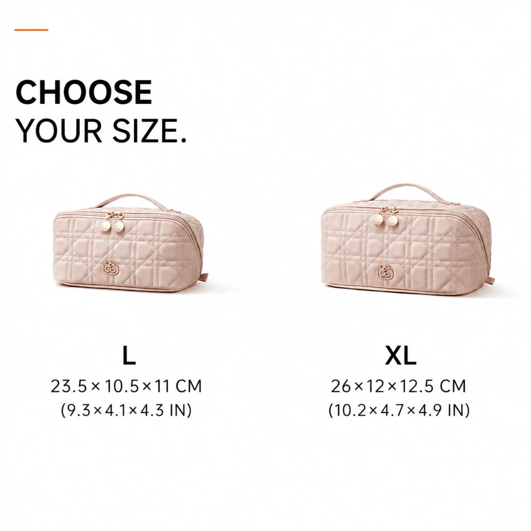 Size comparison graphic showing two quilted cosmetic bags side by side with text labels. The left bag is labeled L (23.