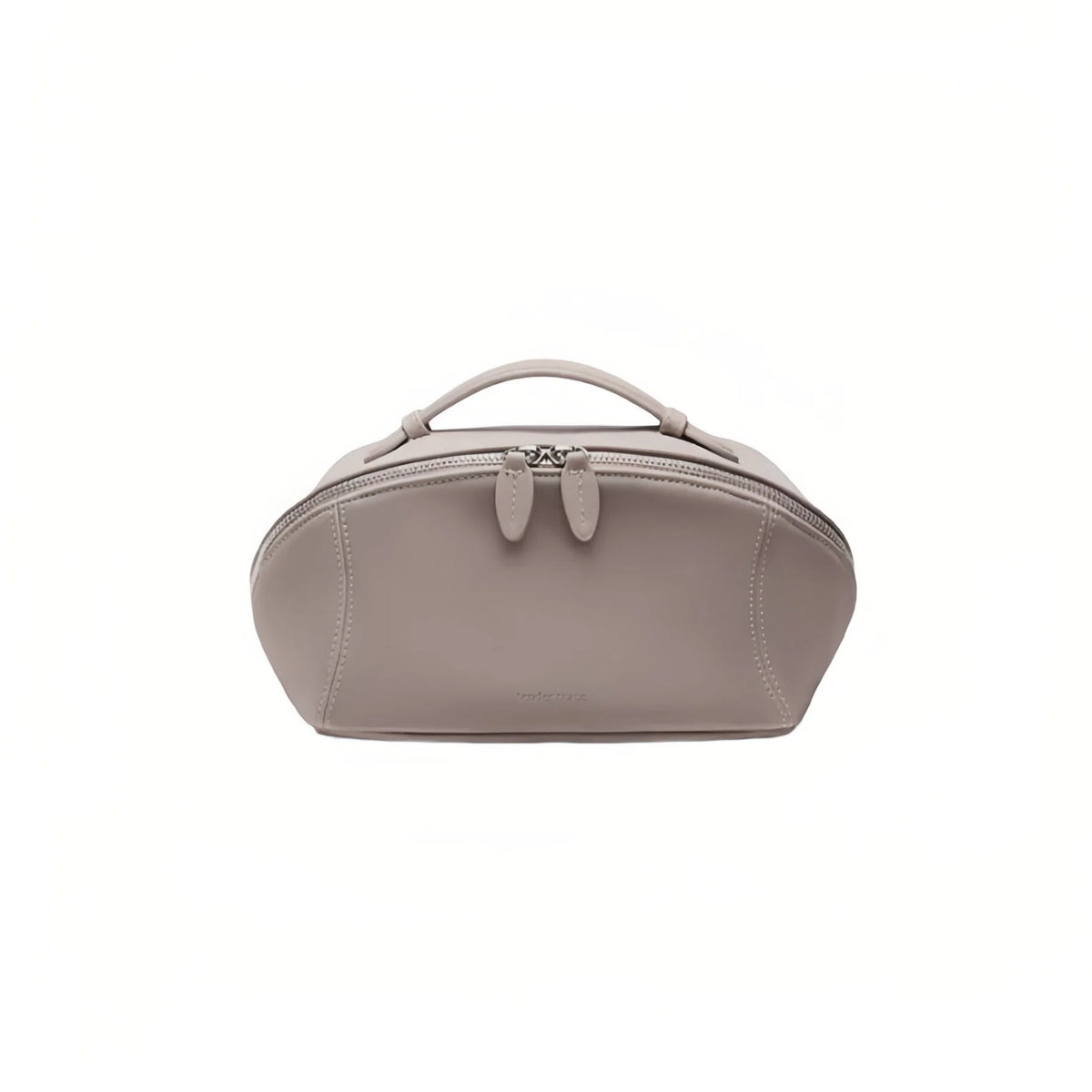 A dusty mauve cosmetic bag with a top handle and zippered closure, shown against a plain white background.