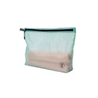 Light green travel storage bag with a black zipper on a white background