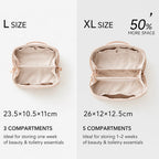 Size comparison graphic showing two open makeup bags side by side labeled L SIZE and XL SIZE, with dimensions, compartment counts, and a note about 50% more space in the larger size.