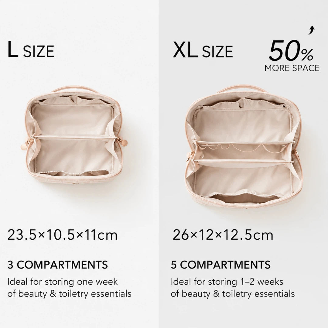 Size comparison graphic showing two open makeup bags side by side labeled L SIZE and XL SIZE, with dimensions, compartment counts, and a note about 50% more space in the larger size.