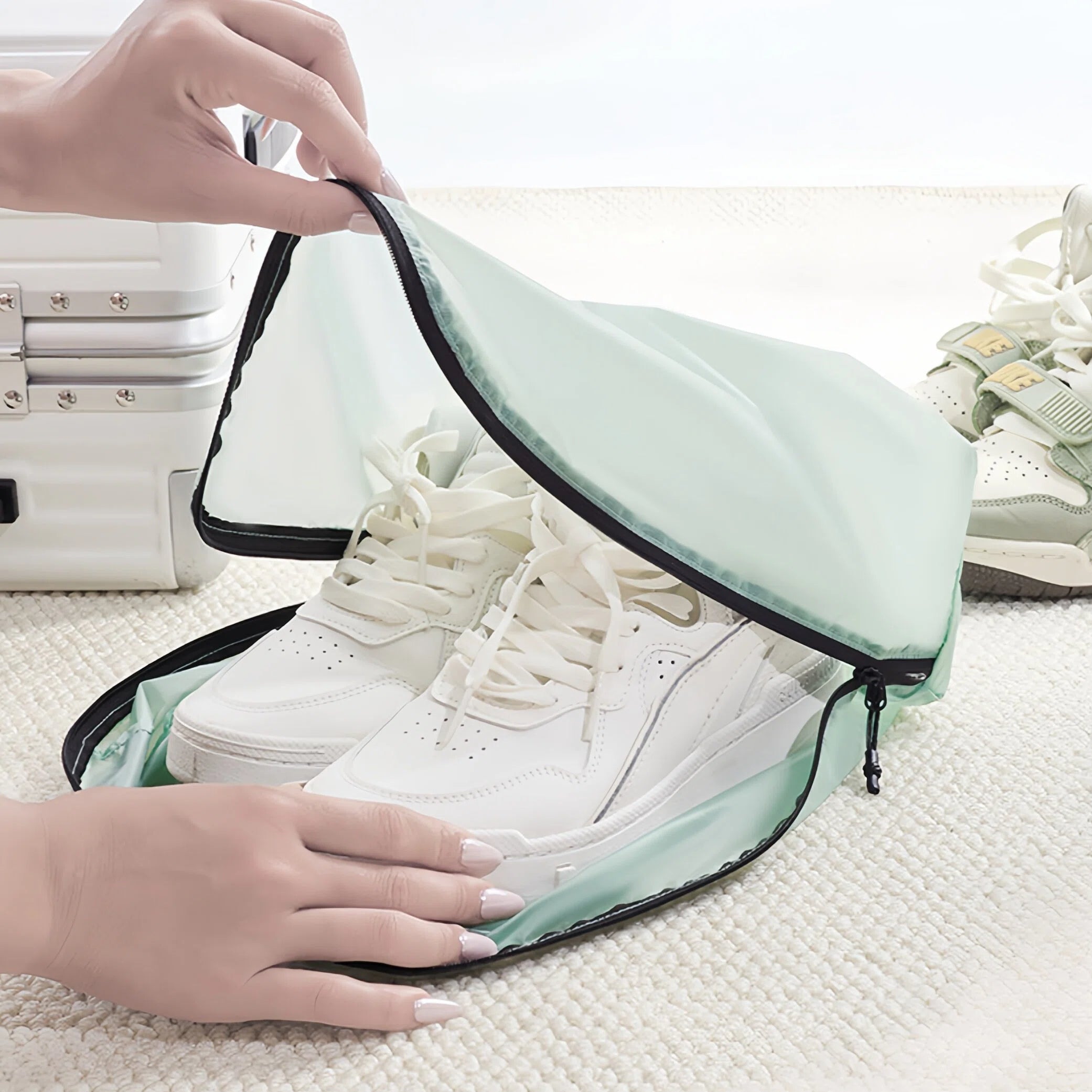 White sneakers being placed into a green travel bag on a light surface.