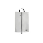 Grey shoe bag with a black zipper on a white background