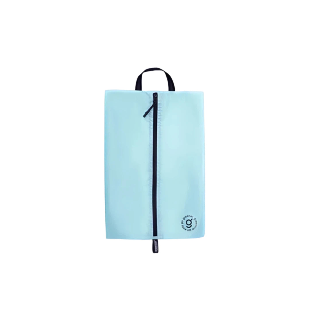 Light blue shoe bag with black zipper on a white background