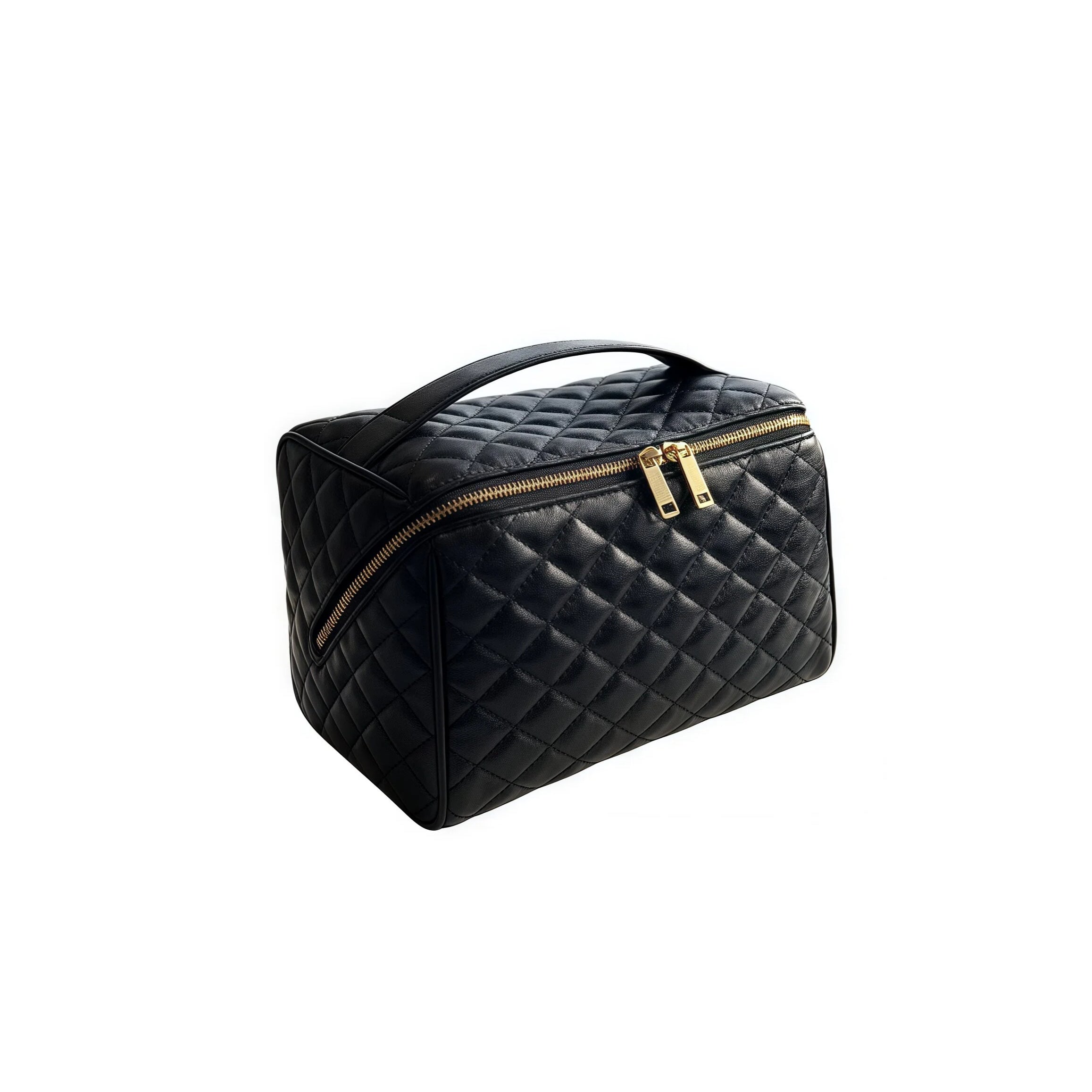 Black cosmetic bag with gold zipper on a white background
