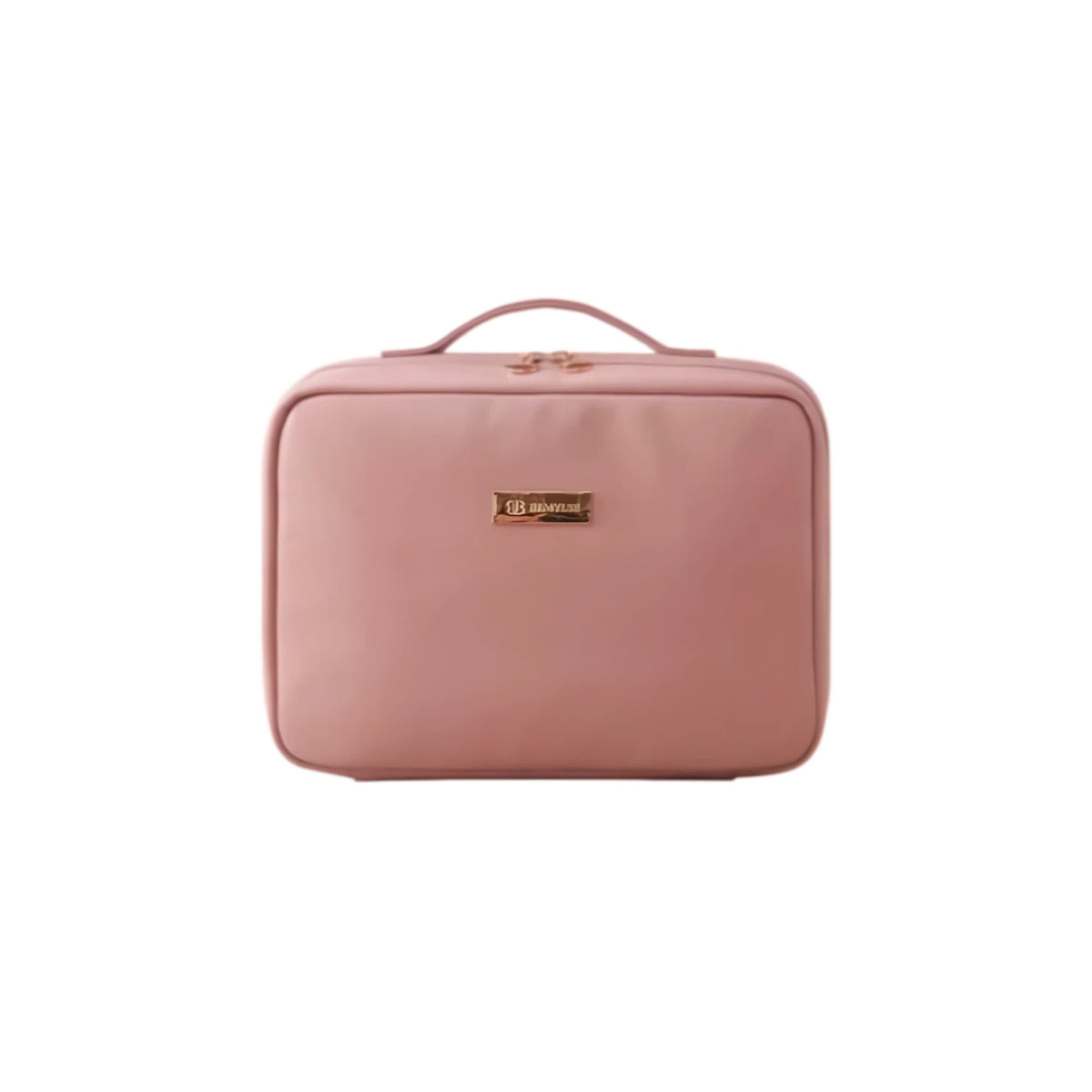 A pink rectangular cosmetic bag with rounded corners, a top handle, and a small gold-tone brand plaque on the front, shown against a plain white background.