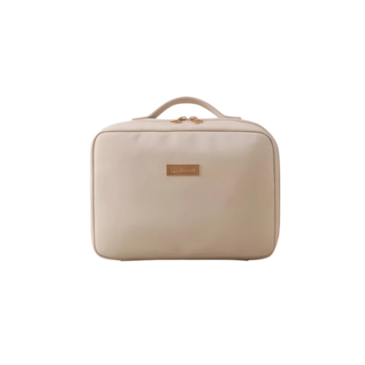A beige zippered cosmetic bag with a top handle and a small tan brand plaque on the front, shown against a plain white background.