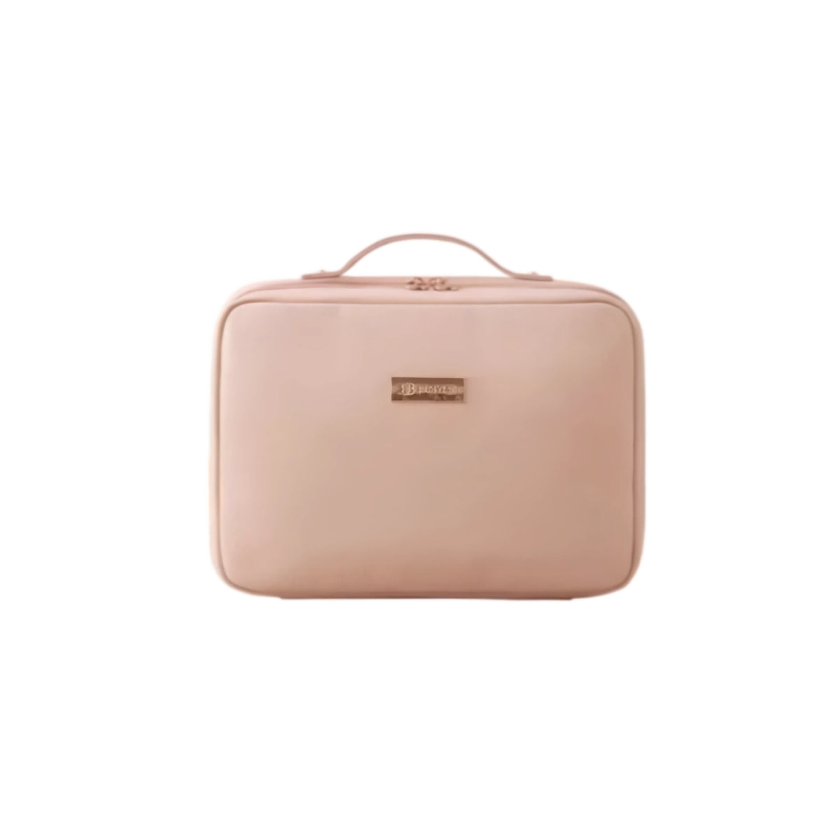 A light pink rectangular zippered travel pouch with a top handle and a small gold-tone brand plaque, shown against a plain white background.