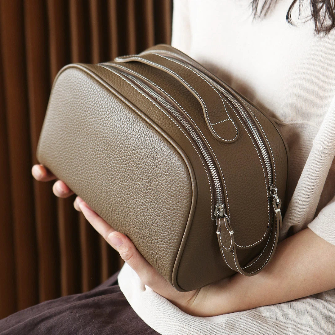 Dual-Zip Leather Makeup Bag