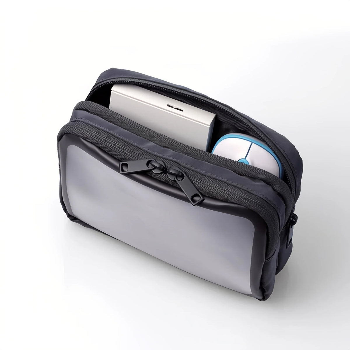 A black and gray zippered travel pouch shown open, containing a silver laptop and a white mouse with blue accents, on a clean white background.