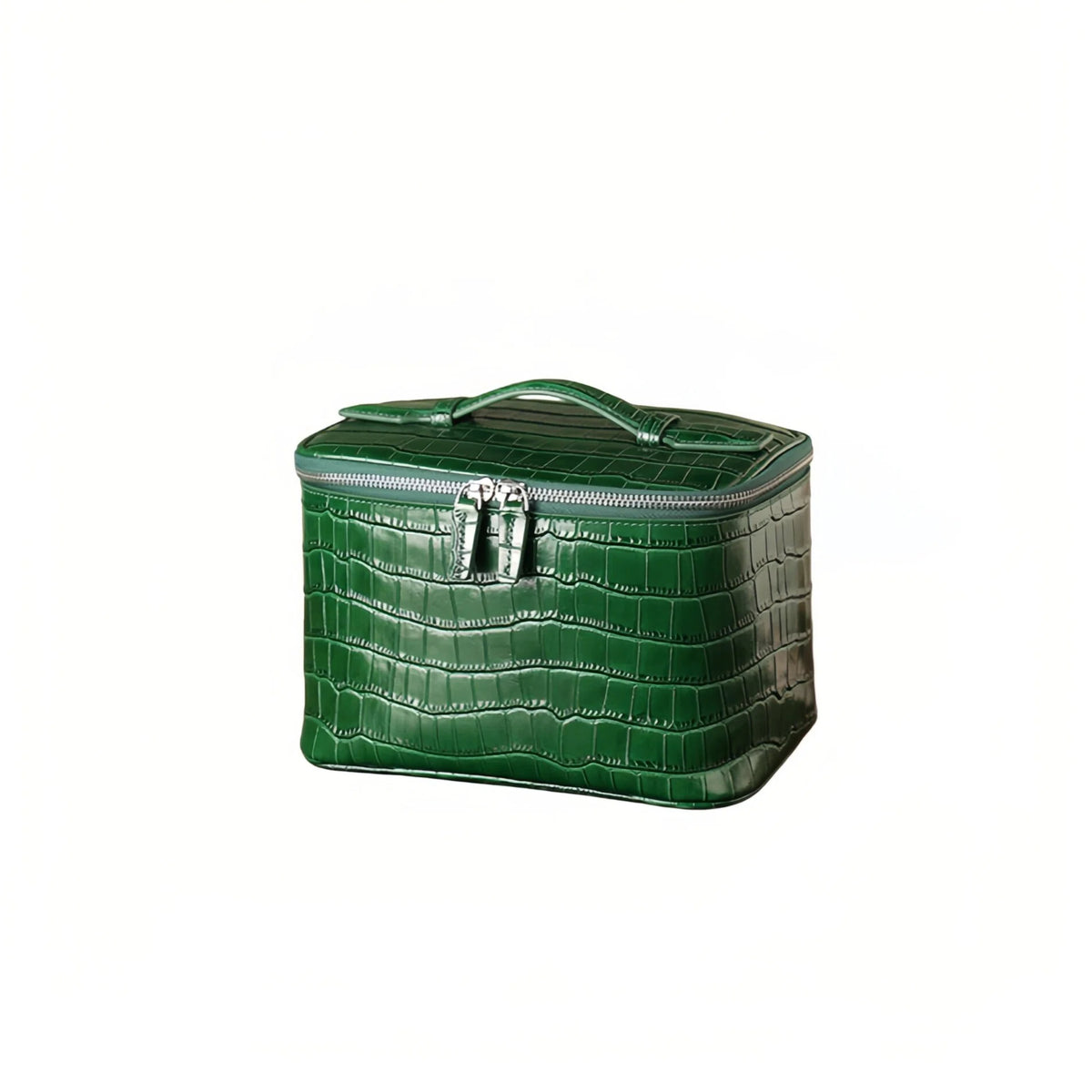 A green leather cosmetic bag with a top handle and silver zipper, shown on a plain white background.