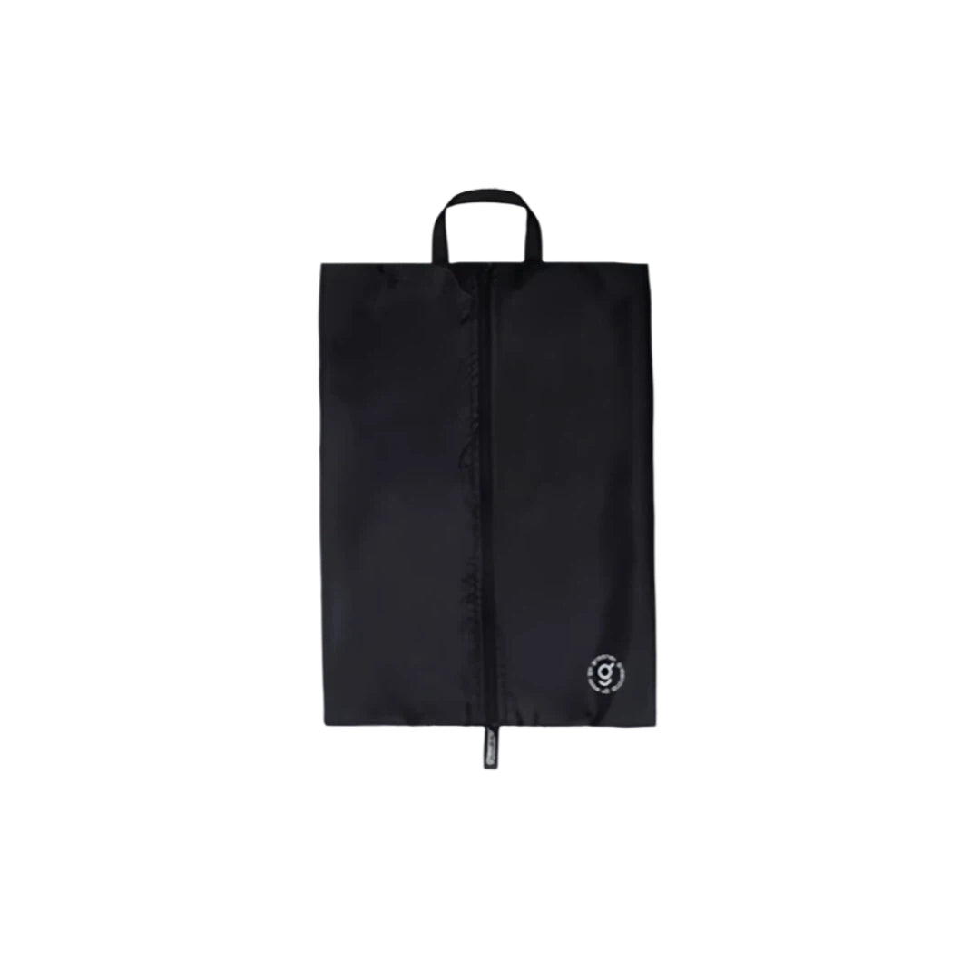 Black shoe bag with a handle on a white background