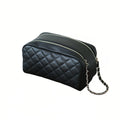 Black leather makeup bag with a chain strap on a white background
